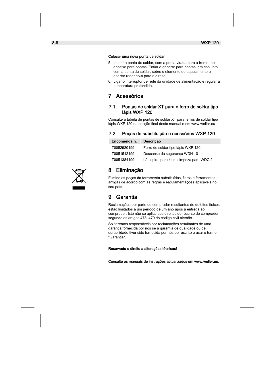 7 acessórios, 8 eliminação, 9 garantia | Weller WX120 User Manual | Page 51 / 56