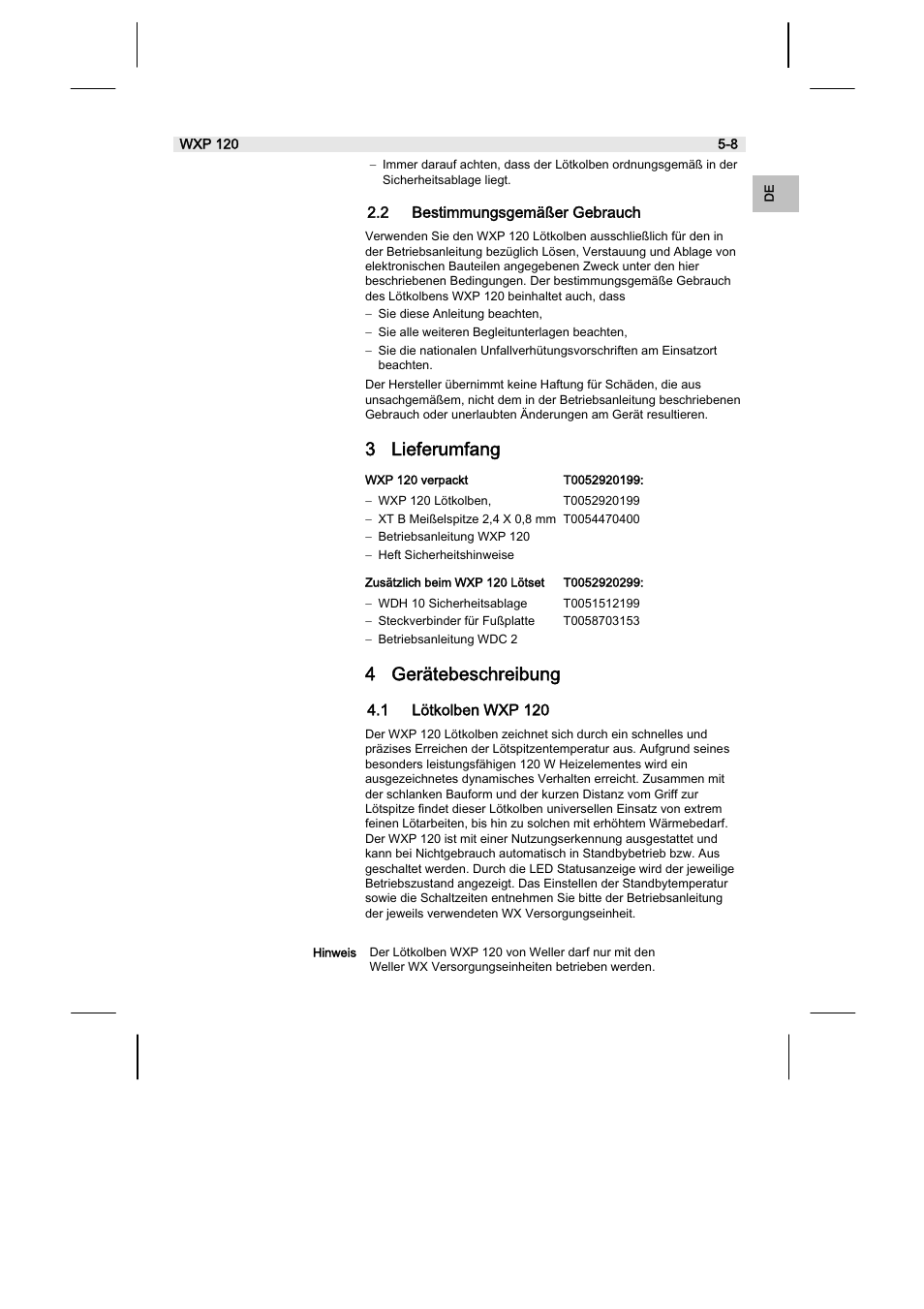 3 lieferumfang, 4 gerätebeschreibung, 2 bestimmungsgemäßer gebrauch | 1 lötkolben wxp 120 | Weller WX120 User Manual | Page 8 / 56