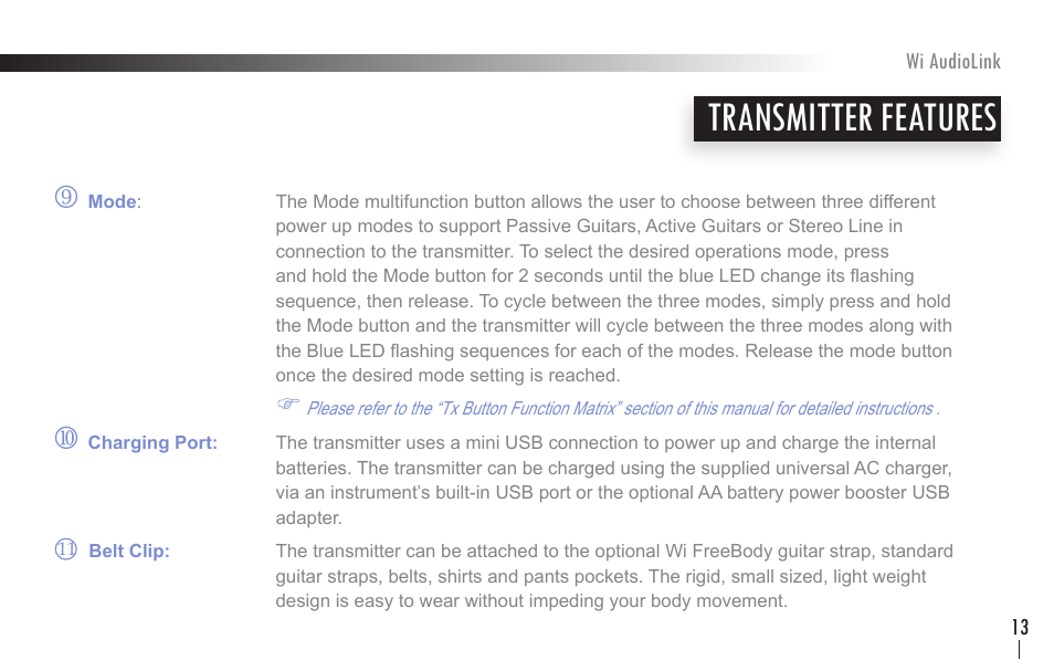 Transmitter features | Wi Digital Systems Wi-AudioLink User Guide User Manual | Page 13 / 42