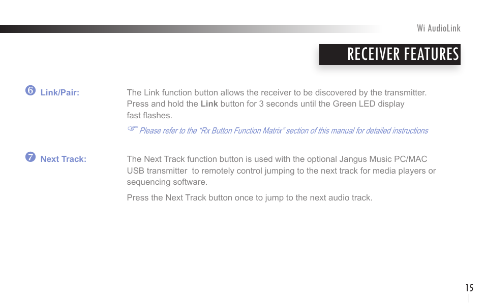Receiver features | Wi Digital Systems Wi-AudioLink User Guide User Manual | Page 15 / 42