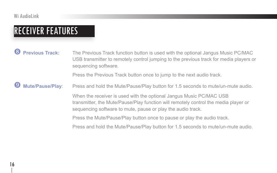 Receiver features | Wi Digital Systems Wi-AudioLink User Guide User Manual | Page 16 / 42