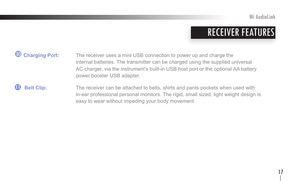 Receiver features | Wi Digital Systems Wi-AudioLink User Guide User Manual | Page 17 / 42
