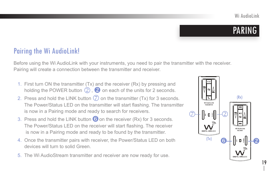 Paring, Pairing the wi audiolink | Wi Digital Systems Wi-AudioLink User Guide User Manual | Page 19 / 42