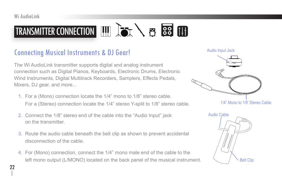 Transmitter connection, Connecting musical instruments & dj gear | Wi Digital Systems Wi-AudioLink User Guide User Manual | Page 22 / 42