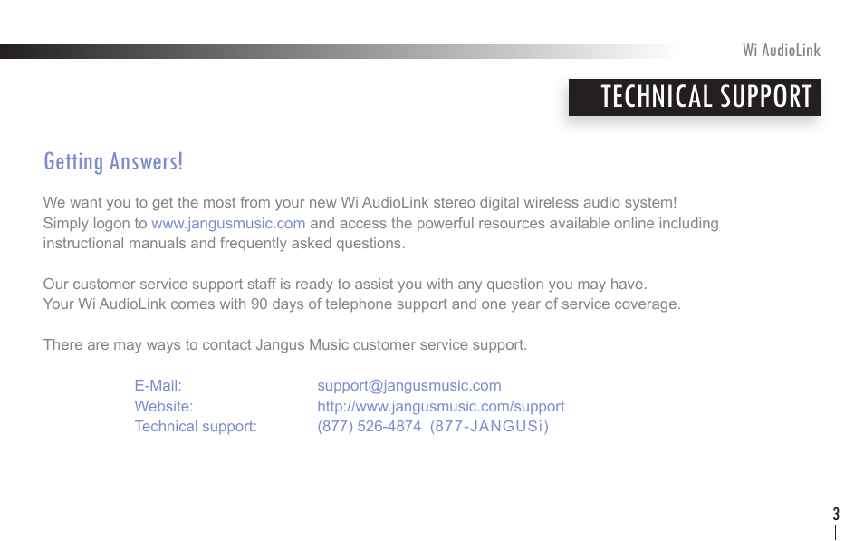 Technical support, Getting answers | Wi Digital Systems Wi-AudioLink User Guide User Manual | Page 3 / 42