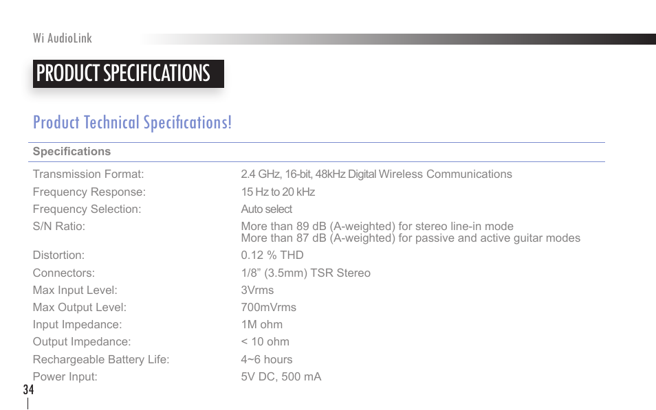 Product specifications, Product technical specifications | Wi Digital Systems Wi-AudioLink User Guide User Manual | Page 34 / 42