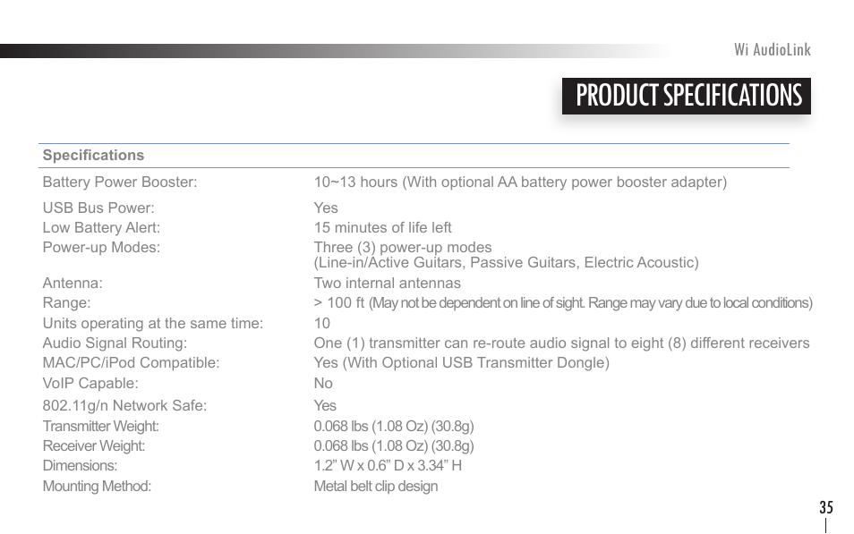 Product specifications | Wi Digital Systems Wi-AudioLink User Guide User Manual | Page 35 / 42