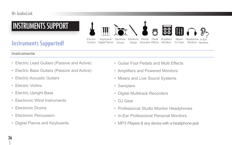 Instruments support, Instruments supported, Wi audiolink 36 | Wi Digital Systems Wi-AudioLink User Guide User Manual | Page 36 / 42