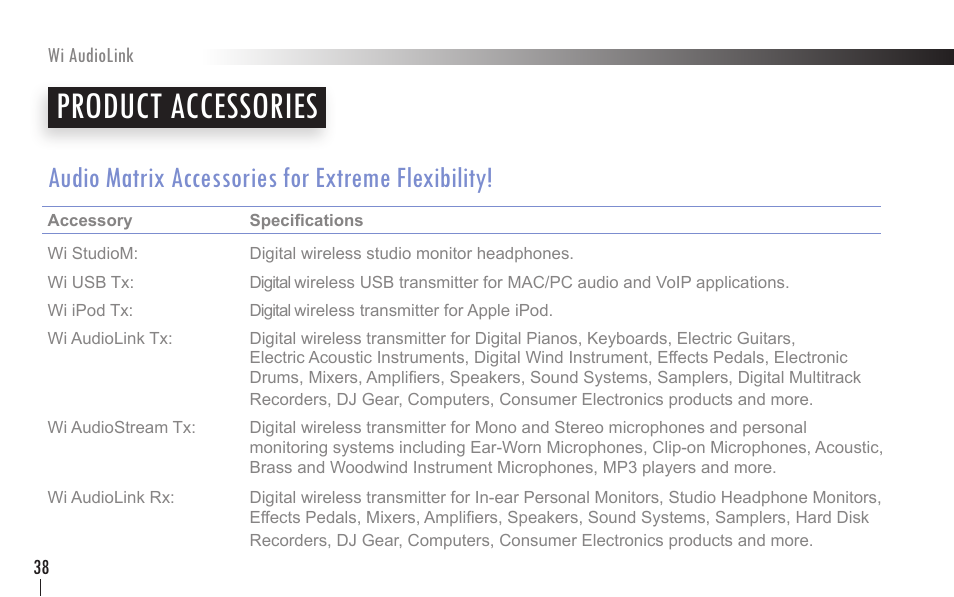 Product accessories, Audio matrix accessories for extreme flexibility | Wi Digital Systems Wi-AudioLink User Guide User Manual | Page 38 / 42