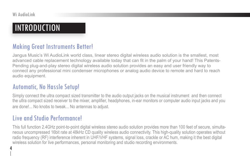 Introduction, Making great instruments better, Automatic, no hassle setup | Live and studio performance | Wi Digital Systems Wi-AudioLink User Guide User Manual | Page 4 / 42