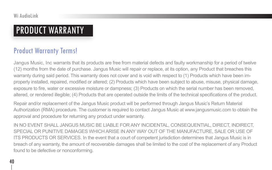 Product warranty | Wi Digital Systems Wi-AudioLink User Guide User Manual | Page 40 / 42