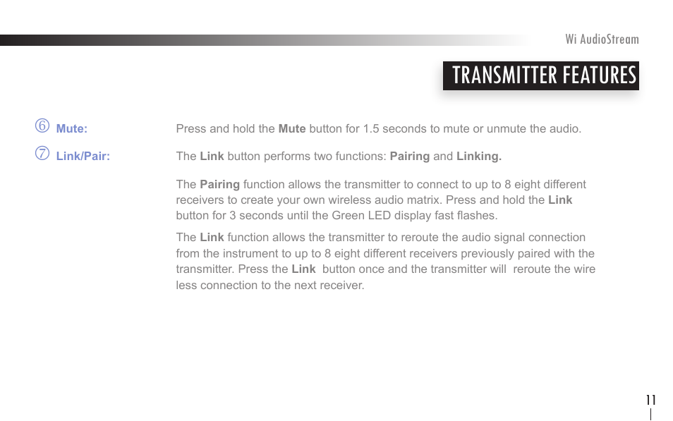 Transmitter features | Wi Digital Systems Wi-AudioStream User Guide User Manual | Page 11 / 38