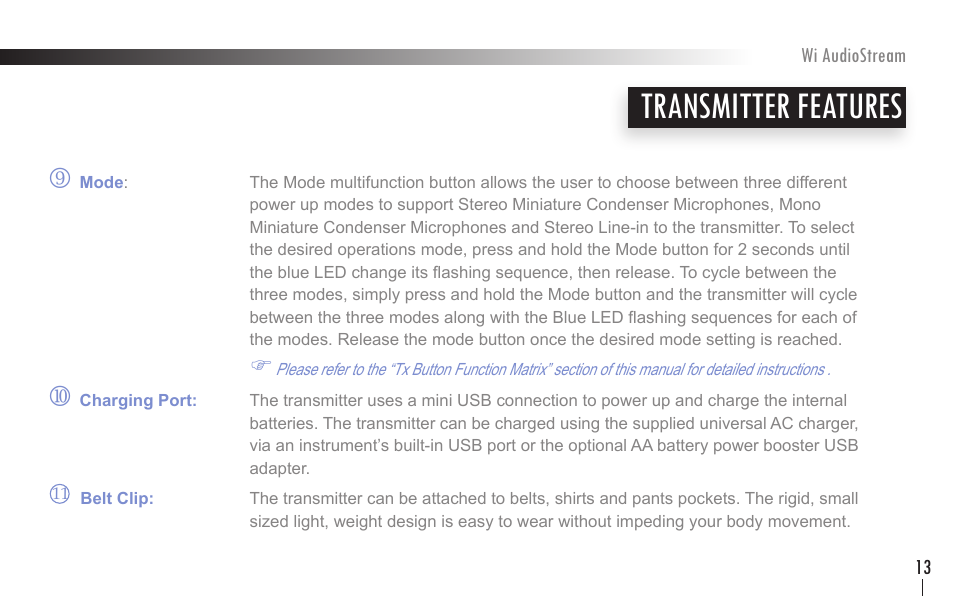 Transmitter features | Wi Digital Systems Wi-AudioStream User Guide User Manual | Page 13 / 38