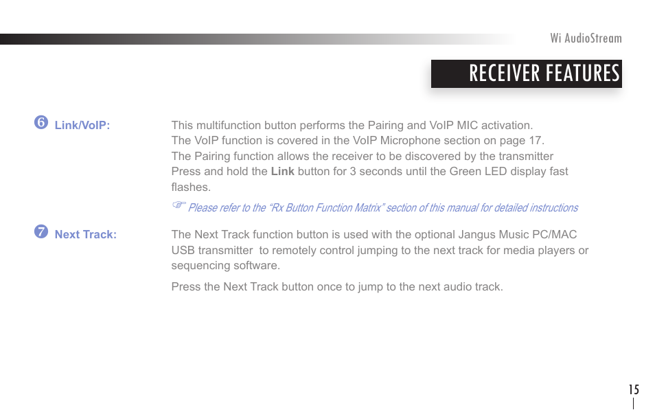 Receiver features | Wi Digital Systems Wi-AudioStream User Guide User Manual | Page 15 / 38