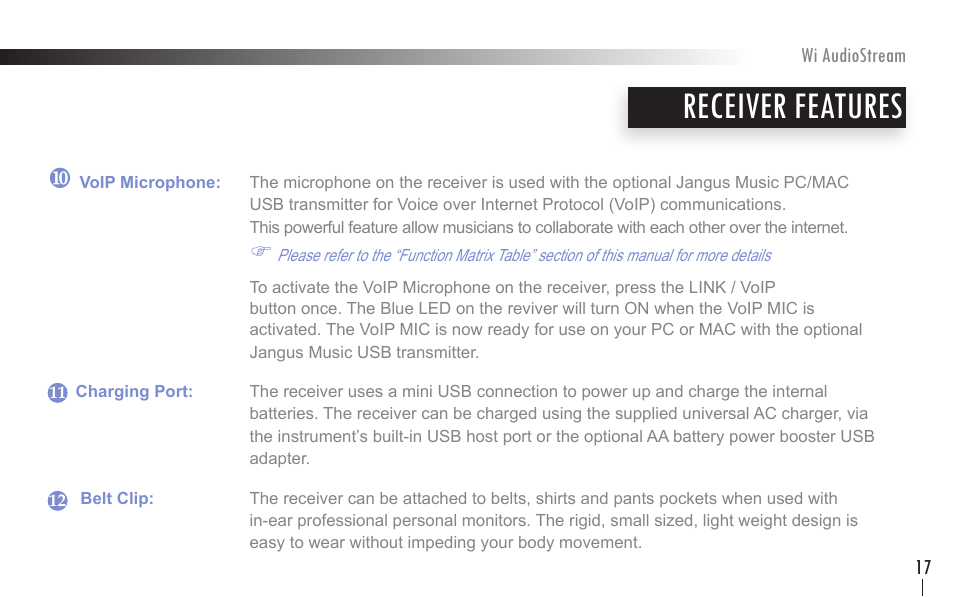 Receiver features | Wi Digital Systems Wi-AudioStream User Guide User Manual | Page 17 / 38
