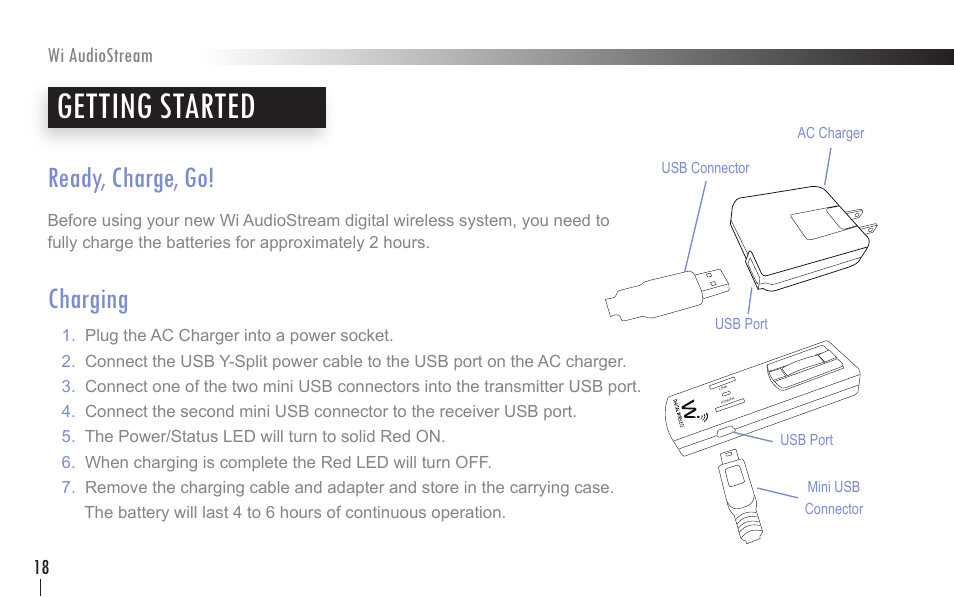 Getting started, Ready, charge, go, Charging | Wi Digital Systems Wi-AudioStream User Guide User Manual | Page 18 / 38