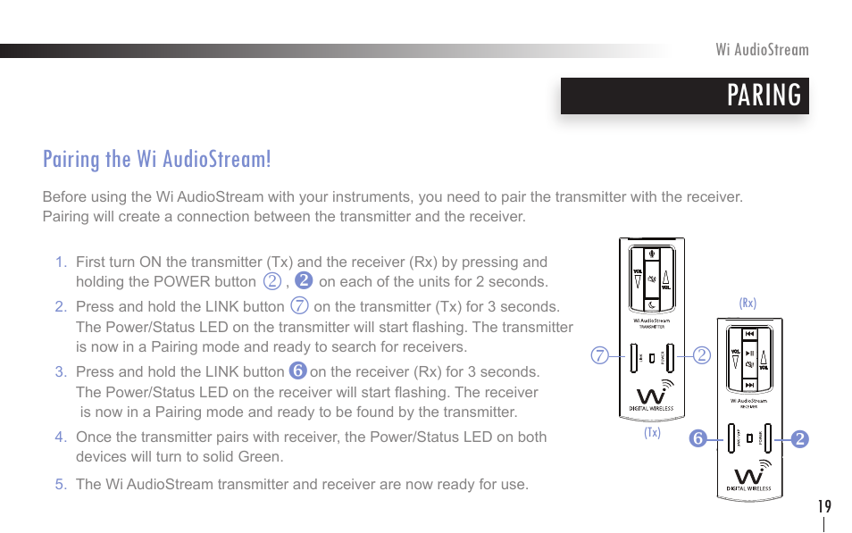 Paring, Pairing the wi audiostream | Wi Digital Systems Wi-AudioStream User Guide User Manual | Page 19 / 38