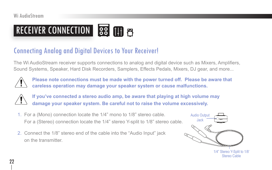 Receiver connection | Wi Digital Systems Wi-AudioStream User Guide User Manual | Page 22 / 38