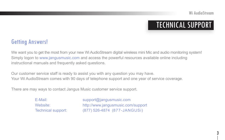 Technical support, Getting answers | Wi Digital Systems Wi-AudioStream User Guide User Manual | Page 3 / 38