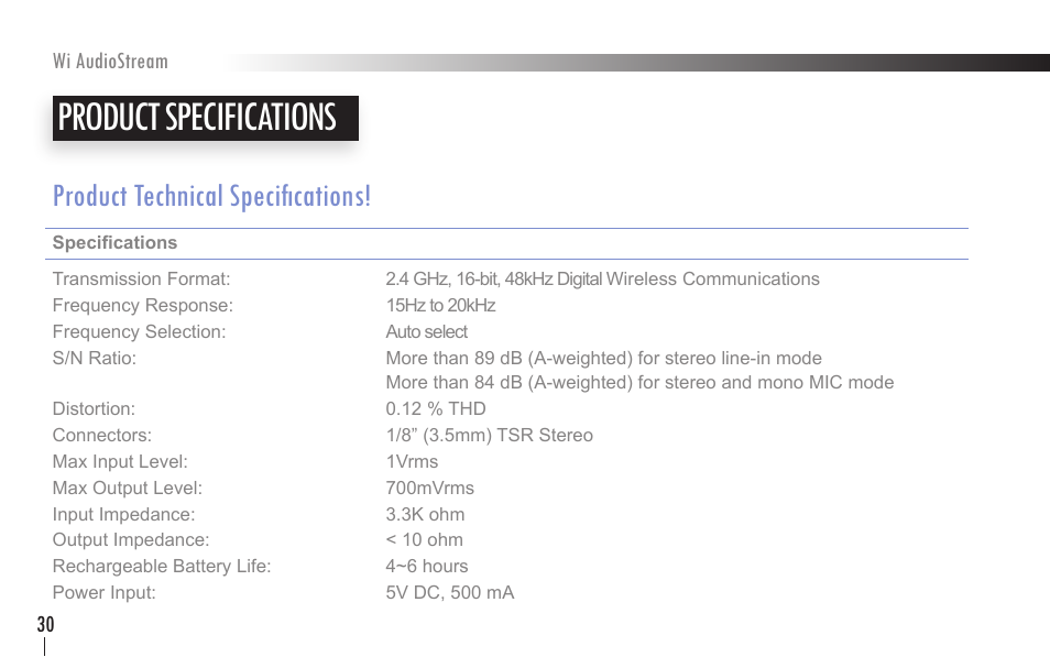 Product specifications, Product technical specifications | Wi Digital Systems Wi-AudioStream User Guide User Manual | Page 30 / 38