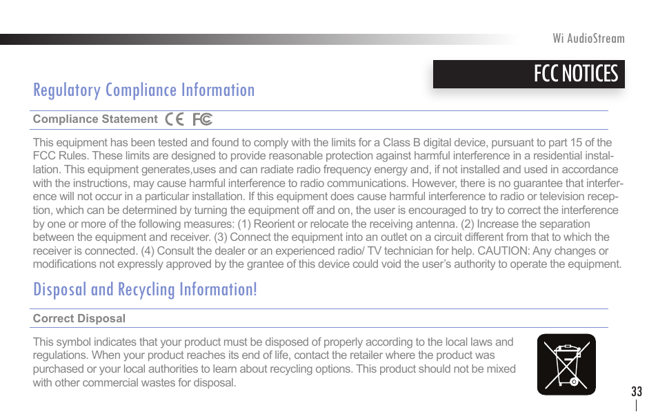 Fcc notices, Regulatory compliance information, Disposal and recycling information | Wi Digital Systems Wi-AudioStream User Guide User Manual | Page 33 / 38