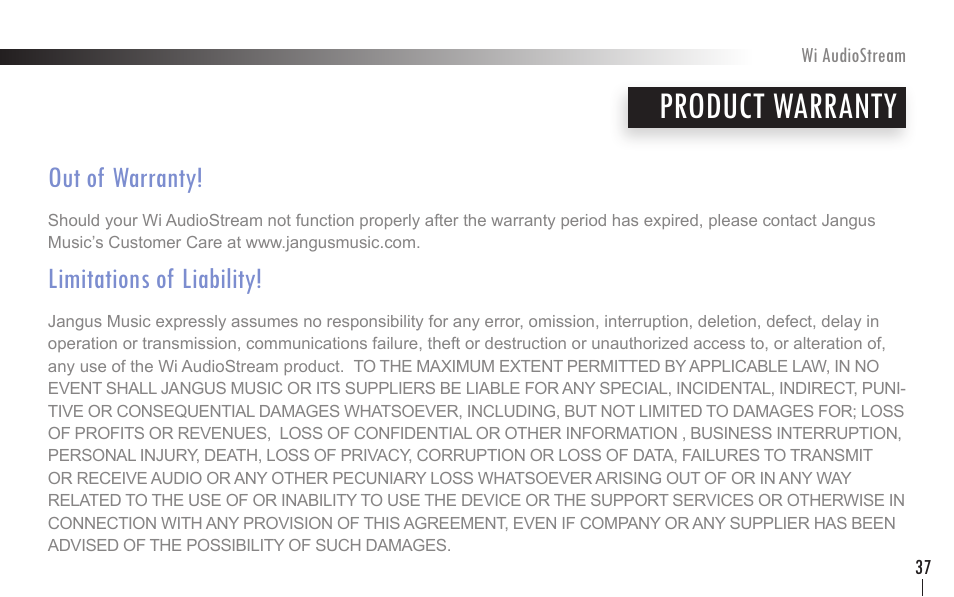 Product warranty | Wi Digital Systems Wi-AudioStream User Guide User Manual | Page 37 / 38