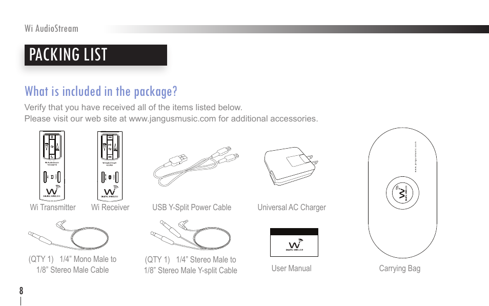 Packing list, What is included in the package, Wi audiostream 8 | Wi Digital Systems Wi-AudioStream User Guide User Manual | Page 8 / 38