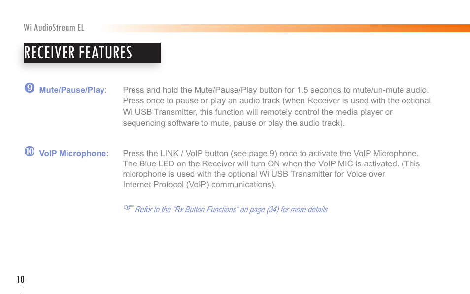 Receiver features | Wi Digital Systems Wi-AudioStream EL User Guide User Manual | Page 10 / 44