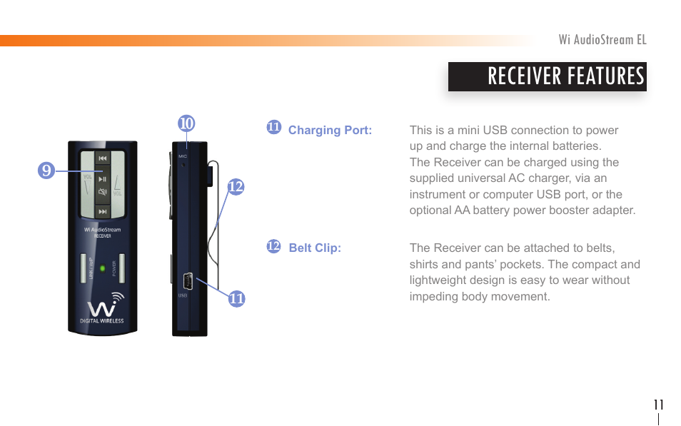 Receiver features | Wi Digital Systems Wi-AudioStream EL User Guide User Manual | Page 11 / 44