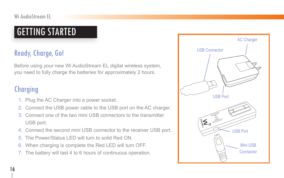 Getting started, Ready, charge, go, Charging | Wi Digital Systems Wi-AudioStream EL User Guide User Manual | Page 16 / 44