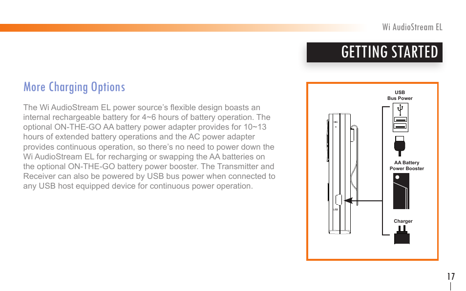 Getting started, More charging options | Wi Digital Systems Wi-AudioStream EL User Guide User Manual | Page 17 / 44
