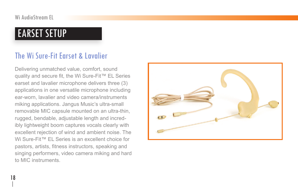 Earset setup | Wi Digital Systems Wi-AudioStream EL User Guide User Manual | Page 18 / 44