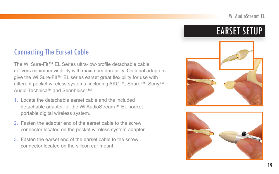 Earset setup, Connecting the earset cable | Wi Digital Systems Wi-AudioStream EL User Guide User Manual | Page 19 / 44