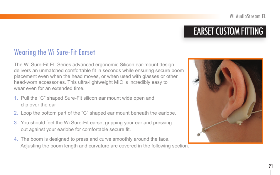 Earset custom fitting, Wearing the wi sure-fit earset | Wi Digital Systems Wi-AudioStream EL User Guide User Manual | Page 21 / 44
