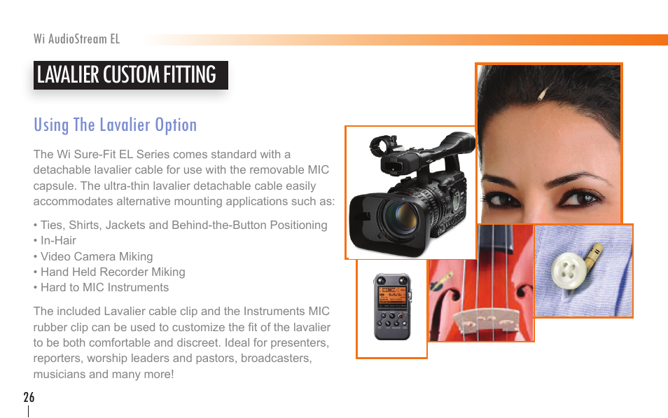 Lavalier custom fitting, Using the lavalier option | Wi Digital Systems Wi-AudioStream EL User Guide User Manual | Page 26 / 44