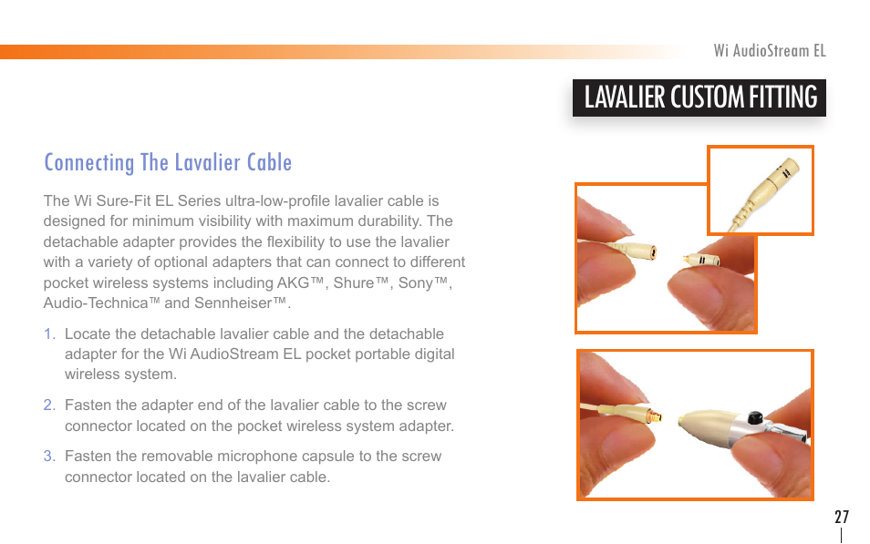 Lavalier custom fitting, Connecting the lavalier cable | Wi Digital Systems Wi-AudioStream EL User Guide User Manual | Page 27 / 44