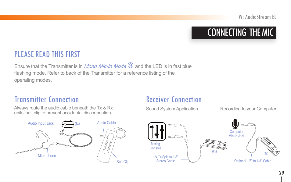 Connecting the mic, Please read this first, Receiver connection | Transmitter connection | Wi Digital Systems Wi-AudioStream EL User Guide User Manual | Page 29 / 44