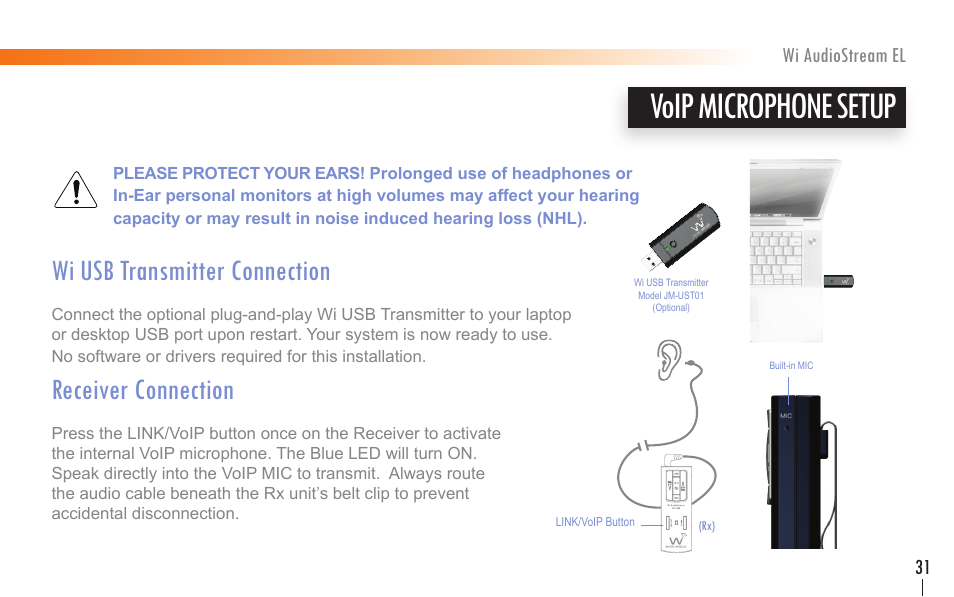 Voip microphone setup, Wi usb transmitter connection, Receiver connection | Wi Digital Systems Wi-AudioStream EL User Guide User Manual | Page 31 / 44