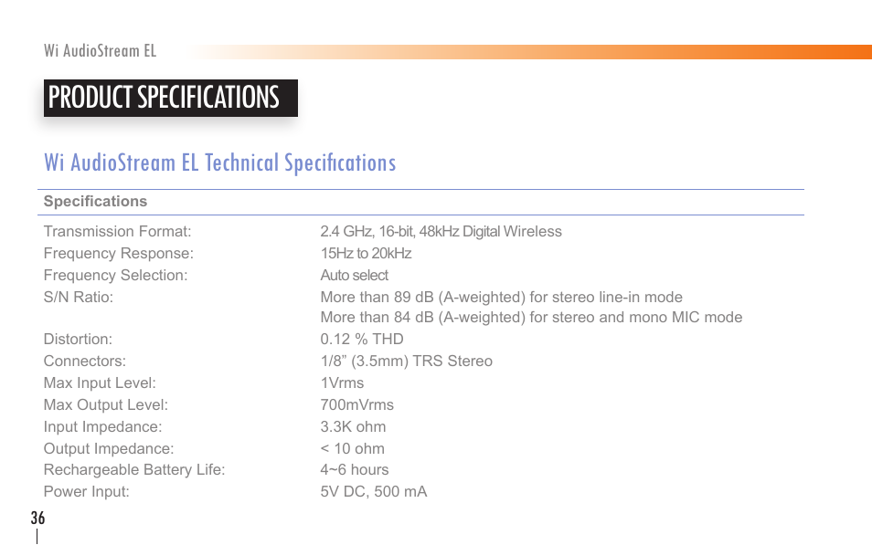 Product specifications, Wi audiostream el technical specifications | Wi Digital Systems Wi-AudioStream EL User Guide User Manual | Page 36 / 44