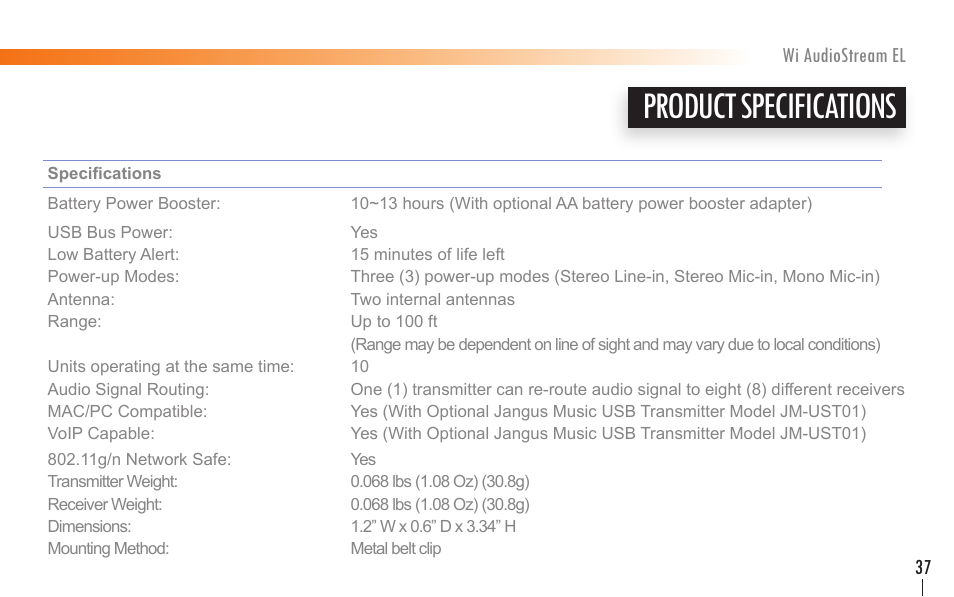 Product specifications | Wi Digital Systems Wi-AudioStream EL User Guide User Manual | Page 37 / 44