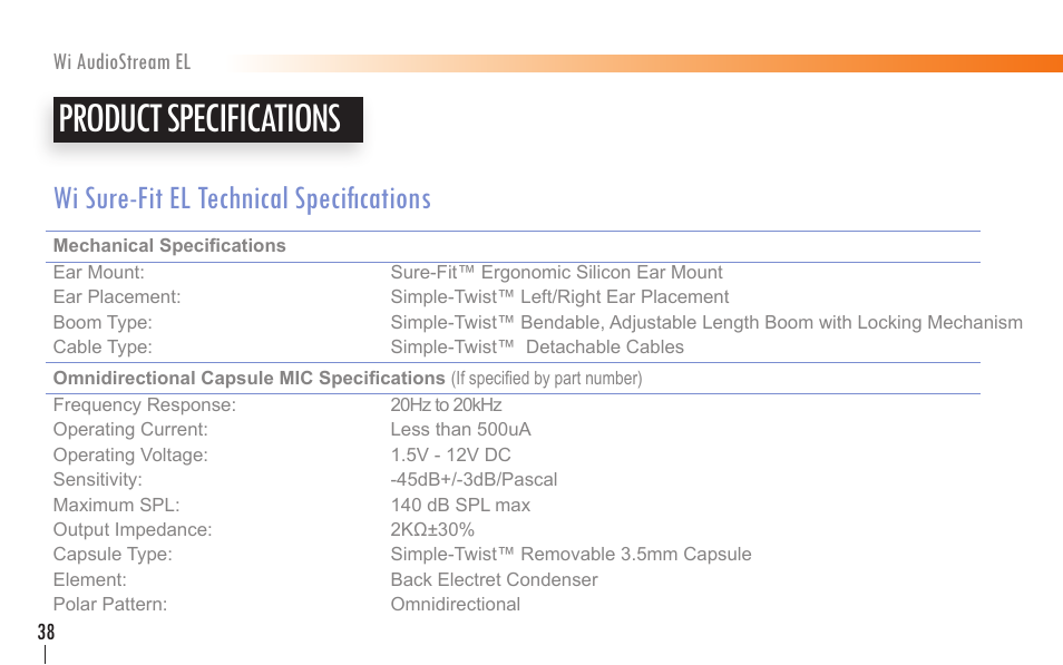 Product specifications, Wi sure-fit el technical specifications | Wi Digital Systems Wi-AudioStream EL User Guide User Manual | Page 38 / 44