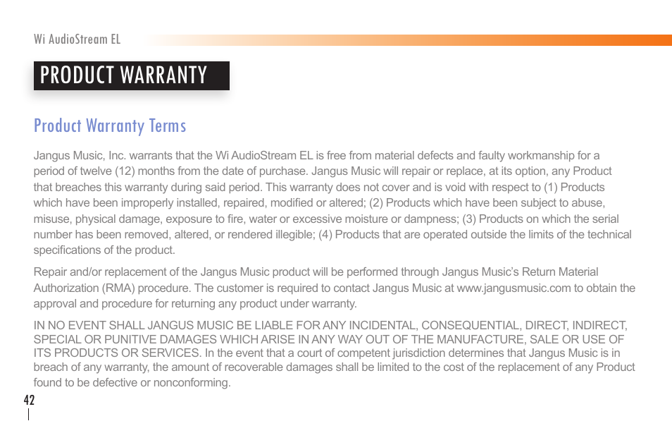 Product warranty, Product warranty terms | Wi Digital Systems Wi-AudioStream EL User Guide User Manual | Page 42 / 44