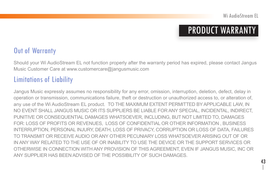 Product warranty | Wi Digital Systems Wi-AudioStream EL User Guide User Manual | Page 43 / 44