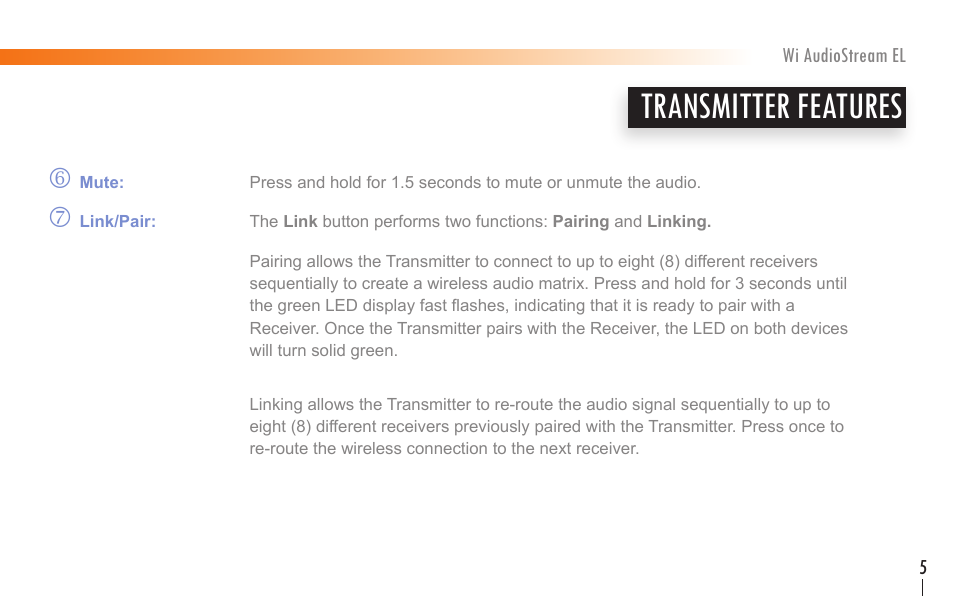 Transmitter features | Wi Digital Systems Wi-AudioStream EL User Guide User Manual | Page 5 / 44
