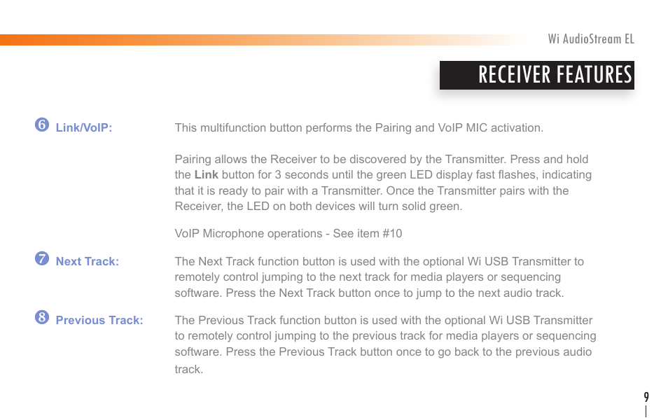 Receiver features | Wi Digital Systems Wi-AudioStream EL User Guide User Manual | Page 9 / 44