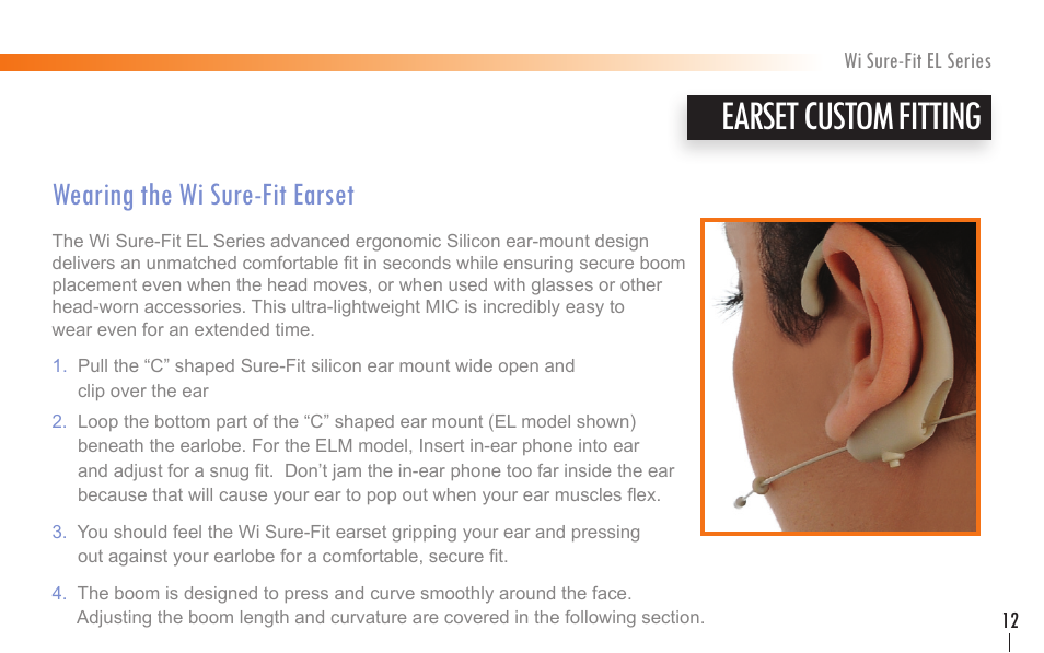 Earset custom fitting, Wearing the wi sure-fit earset | Wi Digital Systems Wi Sure-Fit EL Series Earset & Lavalier MIC User Manual | Page 11 / 24