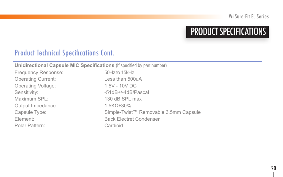 Product specifications, Product technical specifications cont | Wi Digital Systems Wi Sure-Fit EL Series Earset & Lavalier MIC User Manual | Page 19 / 24