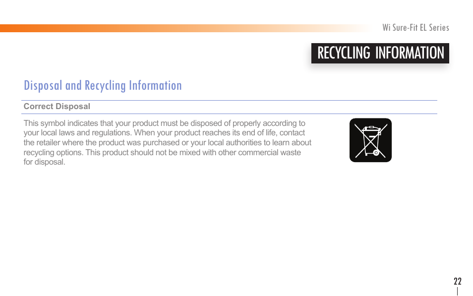 Recycling information, Disposal and recycling information | Wi Digital Systems Wi Sure-Fit EL Series Earset & Lavalier MIC User Manual | Page 21 / 24