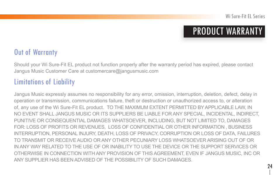 Product warranty | Wi Digital Systems Wi Sure-Fit EL Series Earset & Lavalier MIC User Manual | Page 23 / 24