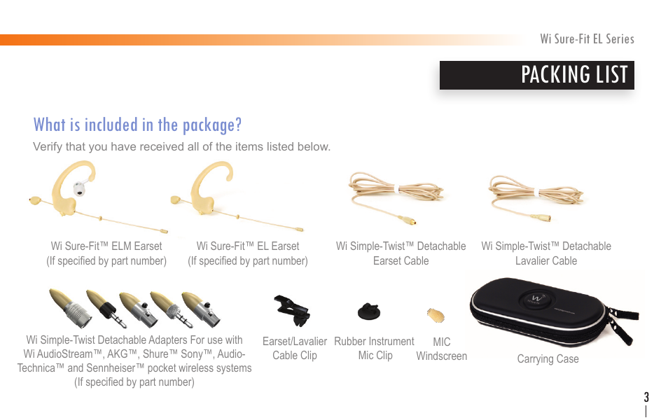 Packing list, What is included in the package | Wi Digital Systems Wi Sure-Fit EL Series Earset & Lavalier MIC User Manual | Page 3 / 24